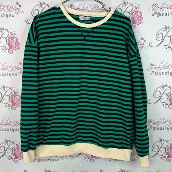 Jtaisc sweater pull over Classic Striped Crewneck Sweater in Green and Black - Picture 1 of 7